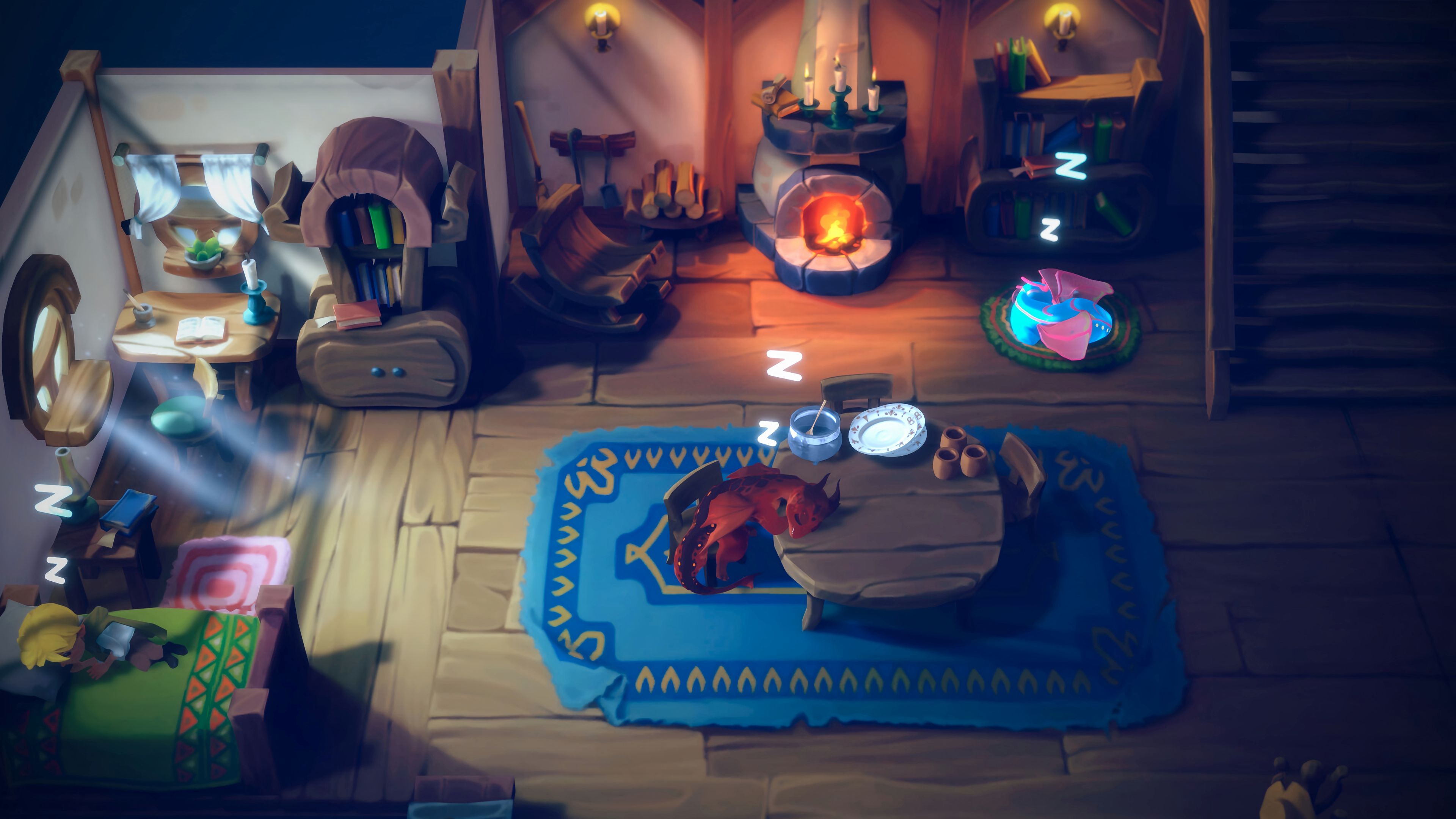 Player and their dragon asleep in Dragon Shelter