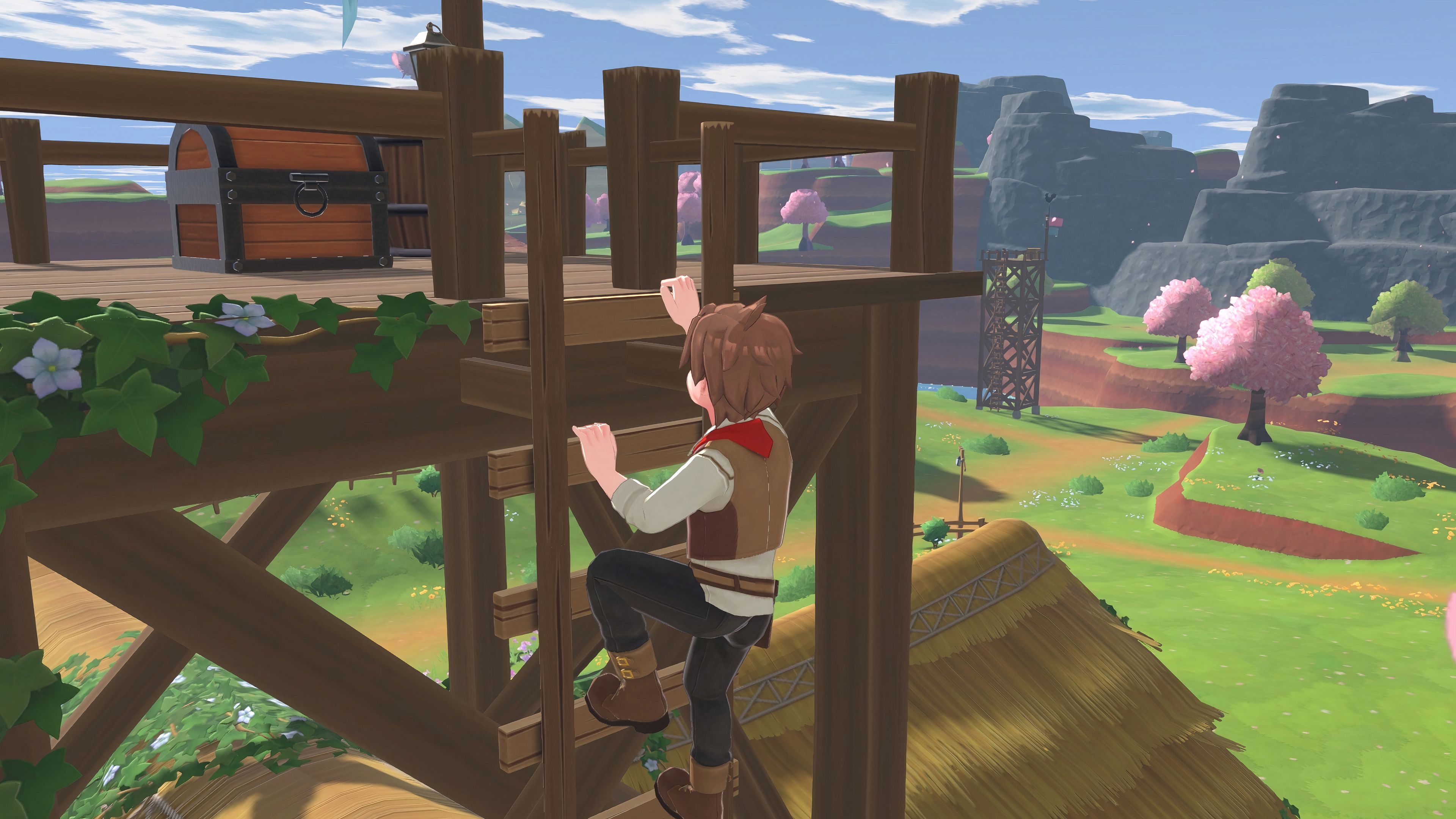 Player climbing a ladder in Harvest Moon Echoes of Teradea