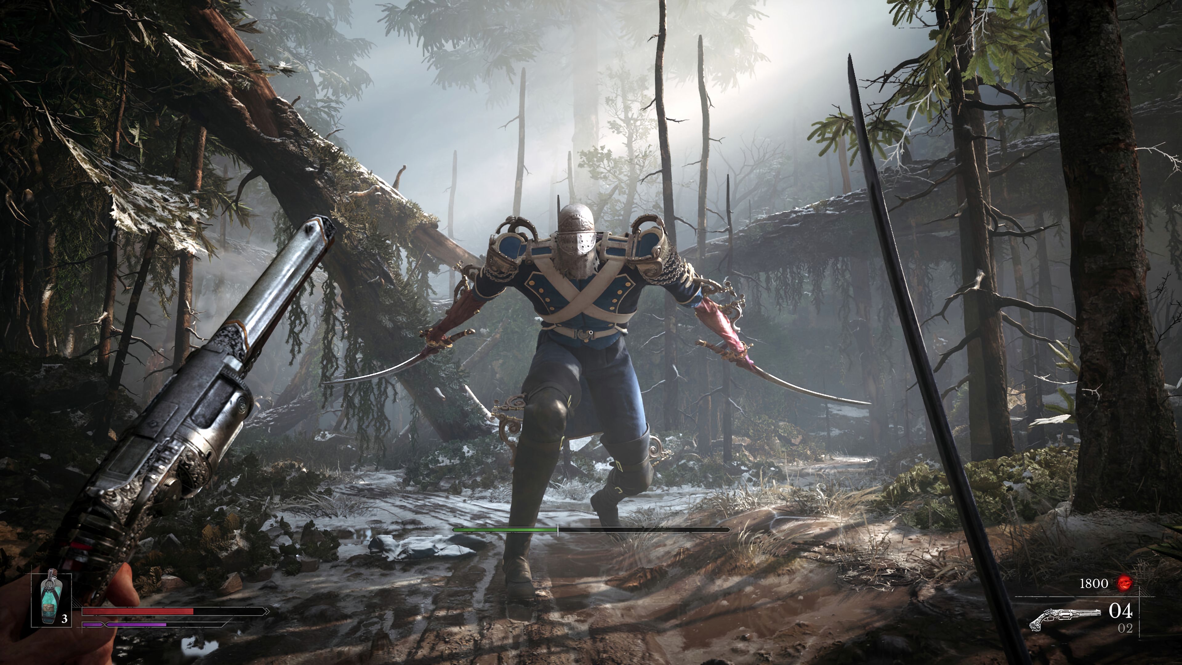 Player with pistol and sword fighting a giant dual-wielding boss in Valor Mortis