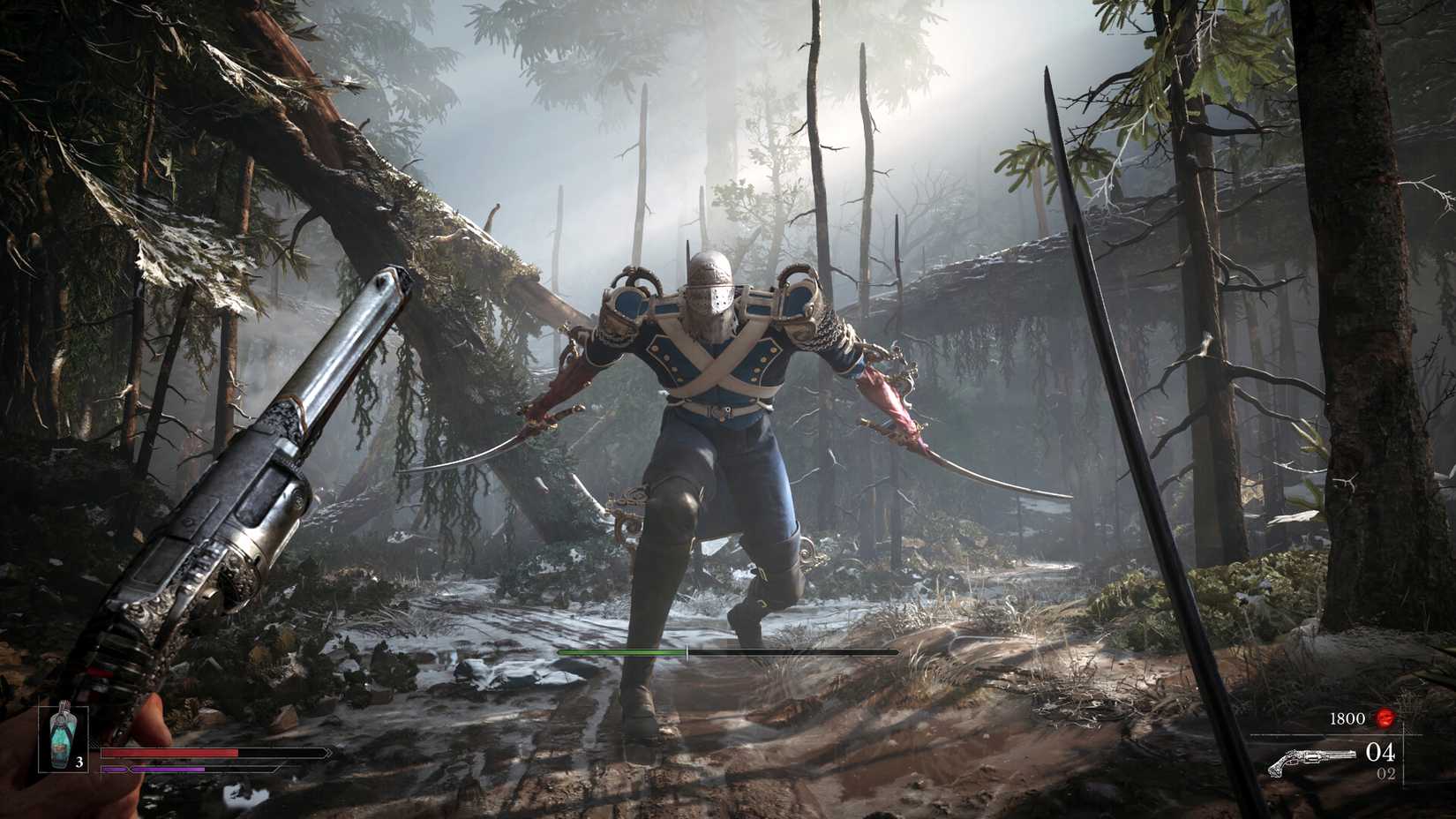 Player with pistol and sword fighting a giant dual-wielding boss in Valor Mortis