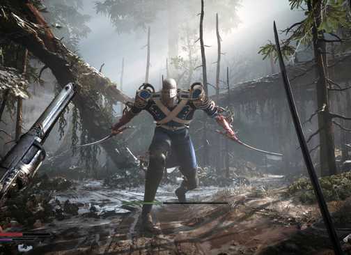 Preview Hands-On Valor Mortis 23 Player with pistol and sword fighting a giant dual-wielding boss in Valor Mortis