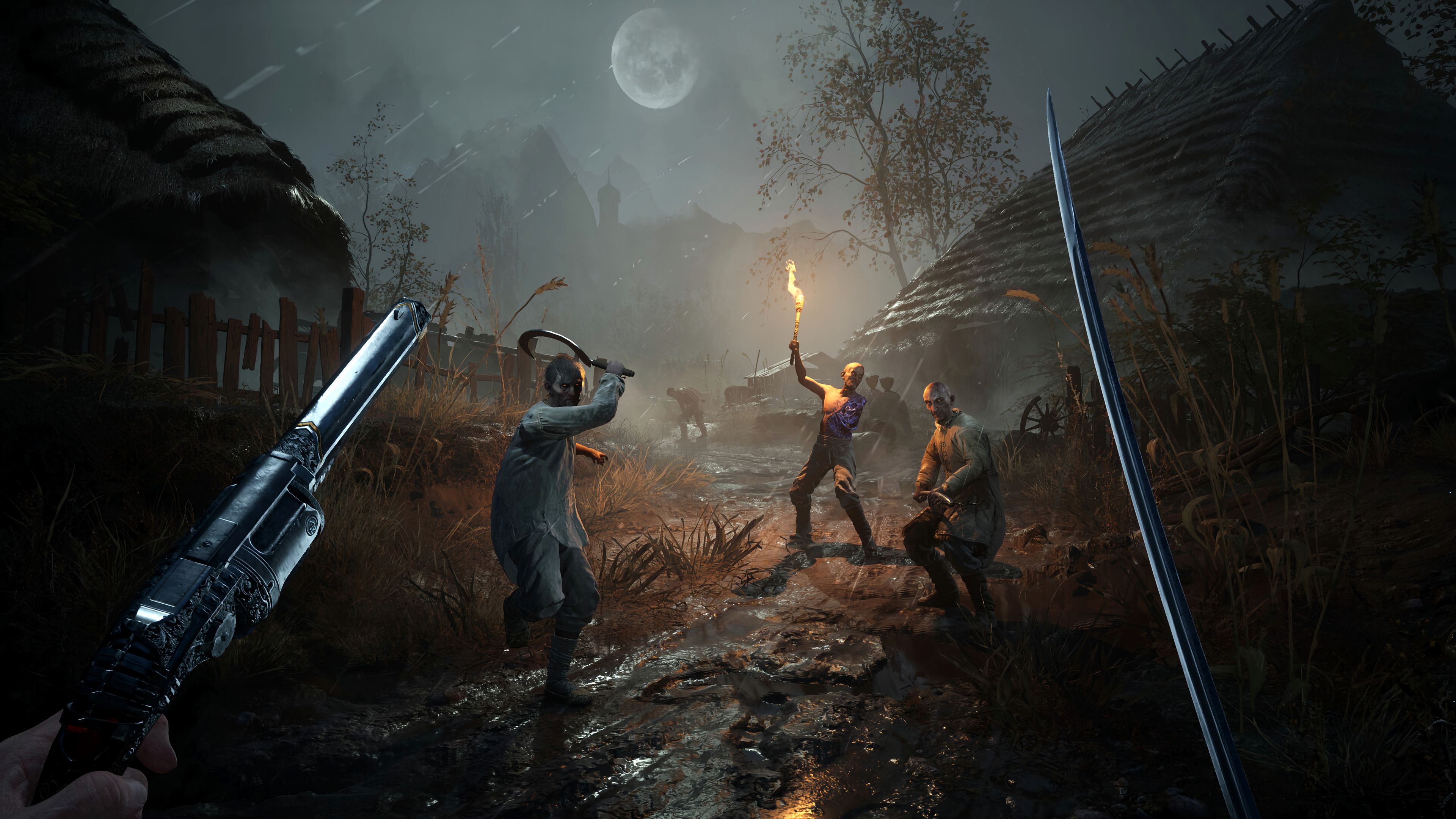 Player with pistol and sword fighting three enemies in Valor Mortis