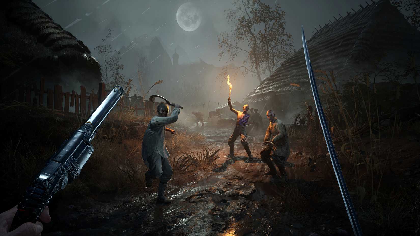 Player with pistol and sword fighting three enemies in Valor Mortis