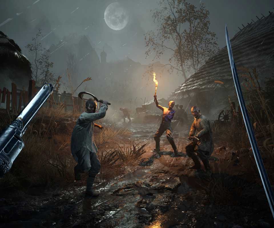 Player with pistol and sword fighting three enemies in Valor Mortis
