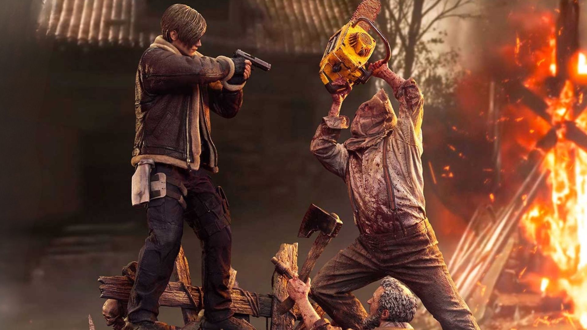 re4 remake leon diorama promotional image inspired by the village square mission.