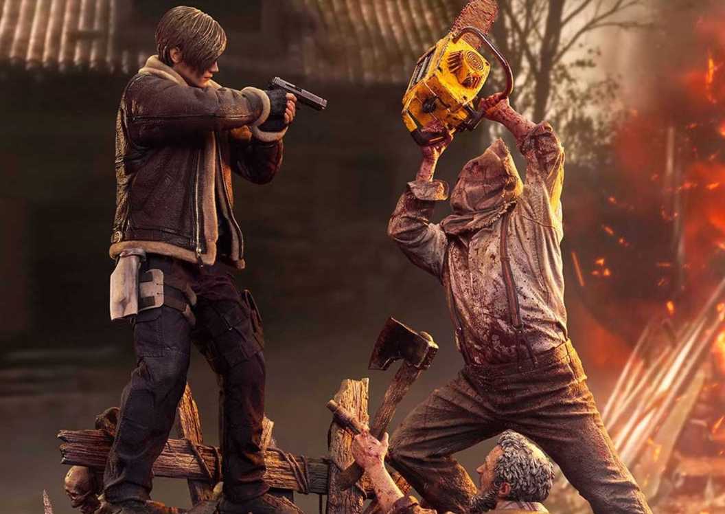 re4 remake leon diorama promotional image inspired by the village square mission.
