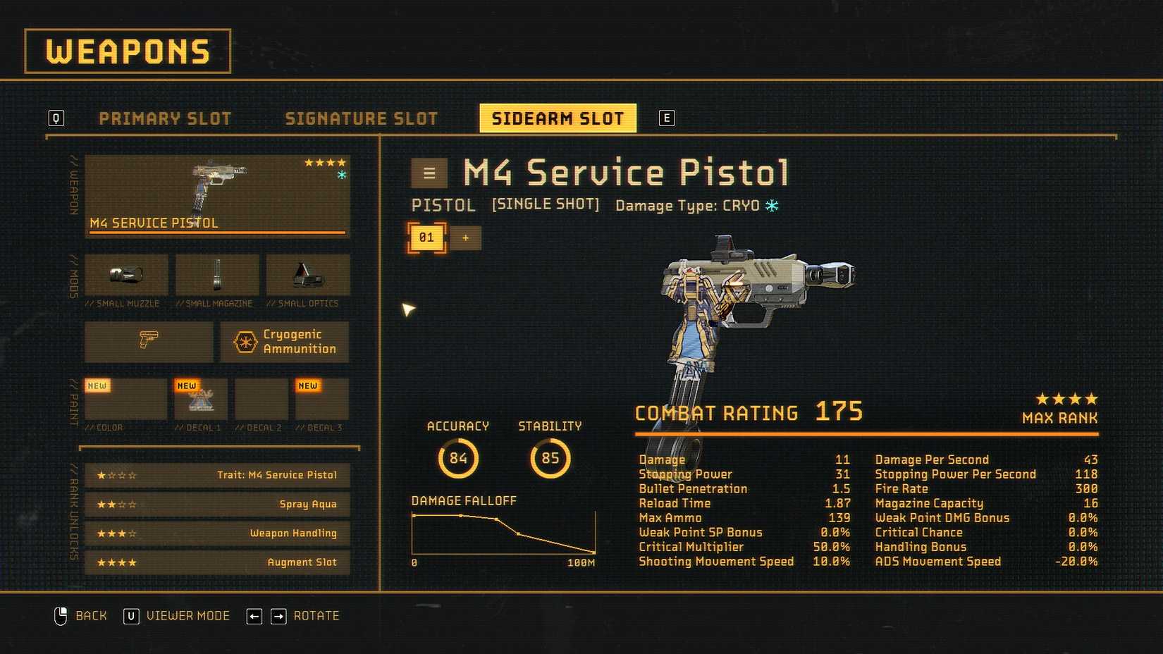 Sidearm Stats - Aliens Fireteam Elite 2