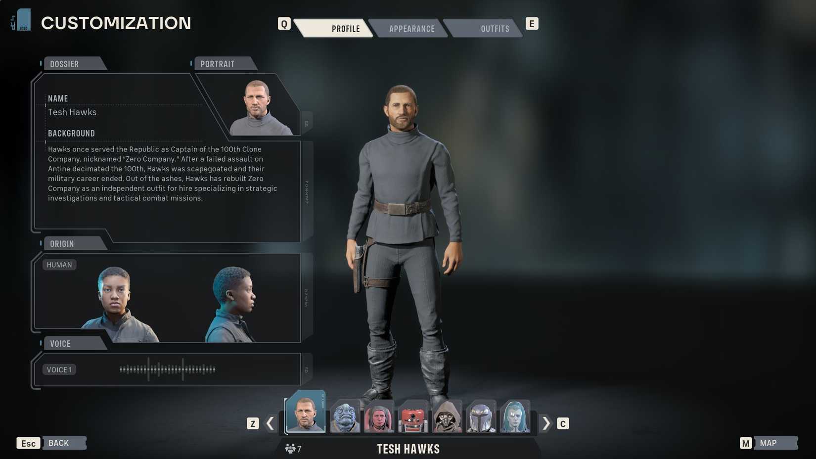 Hawks' profile in Star Wars Zero Company.