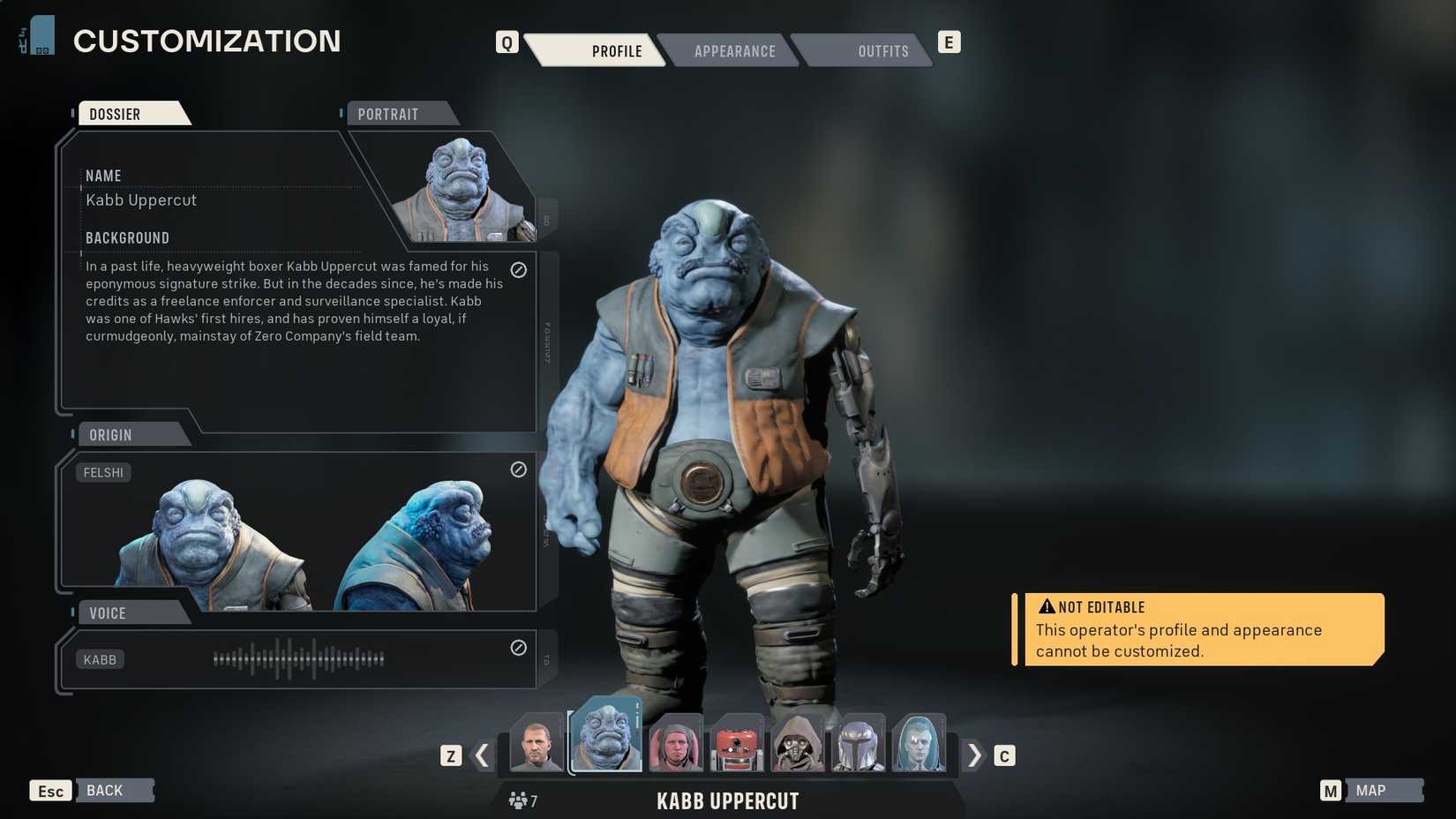 Kabb's profile in Star Wars Zero Company.