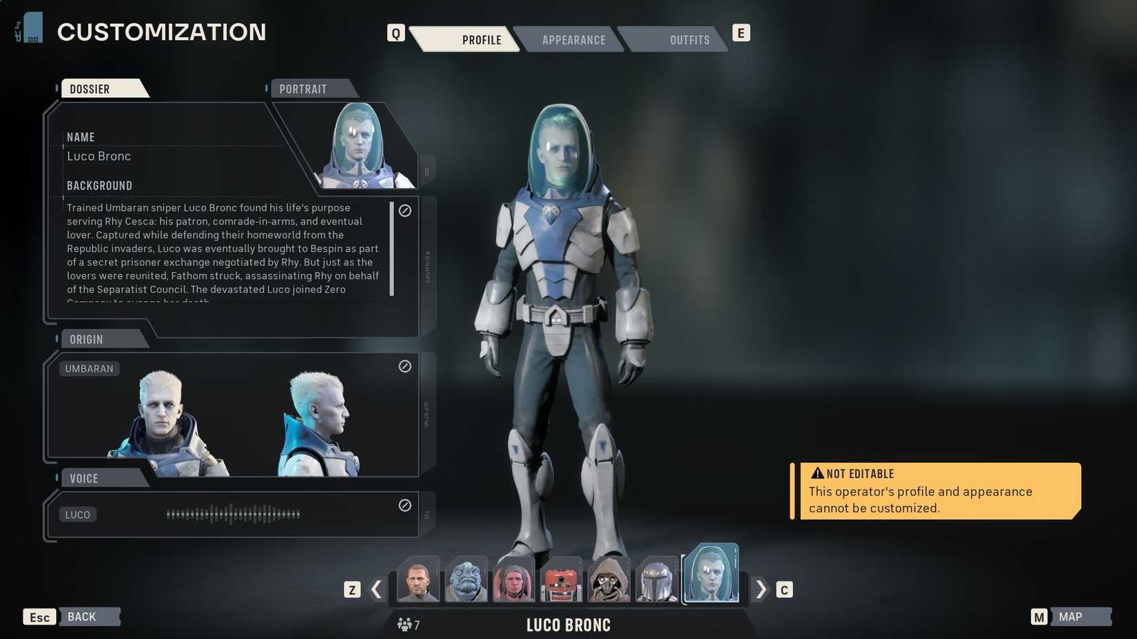 Luco's profile in Star Wars Zero Company.