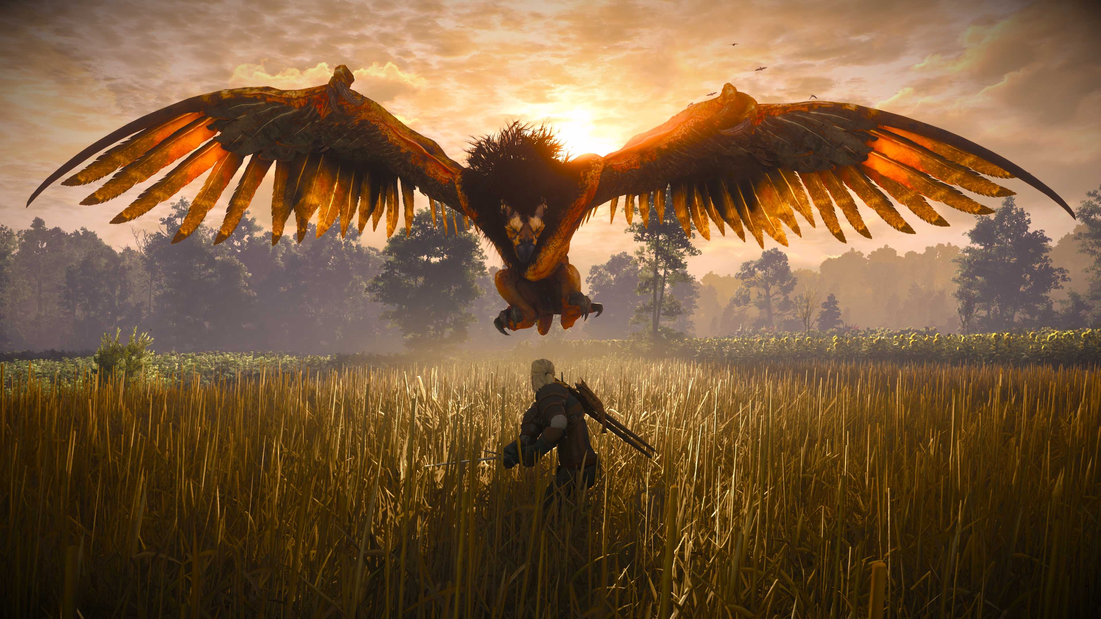 Geralt fighting a Griffin at sunset in The Witcher 3 Wild Hunt Remastered