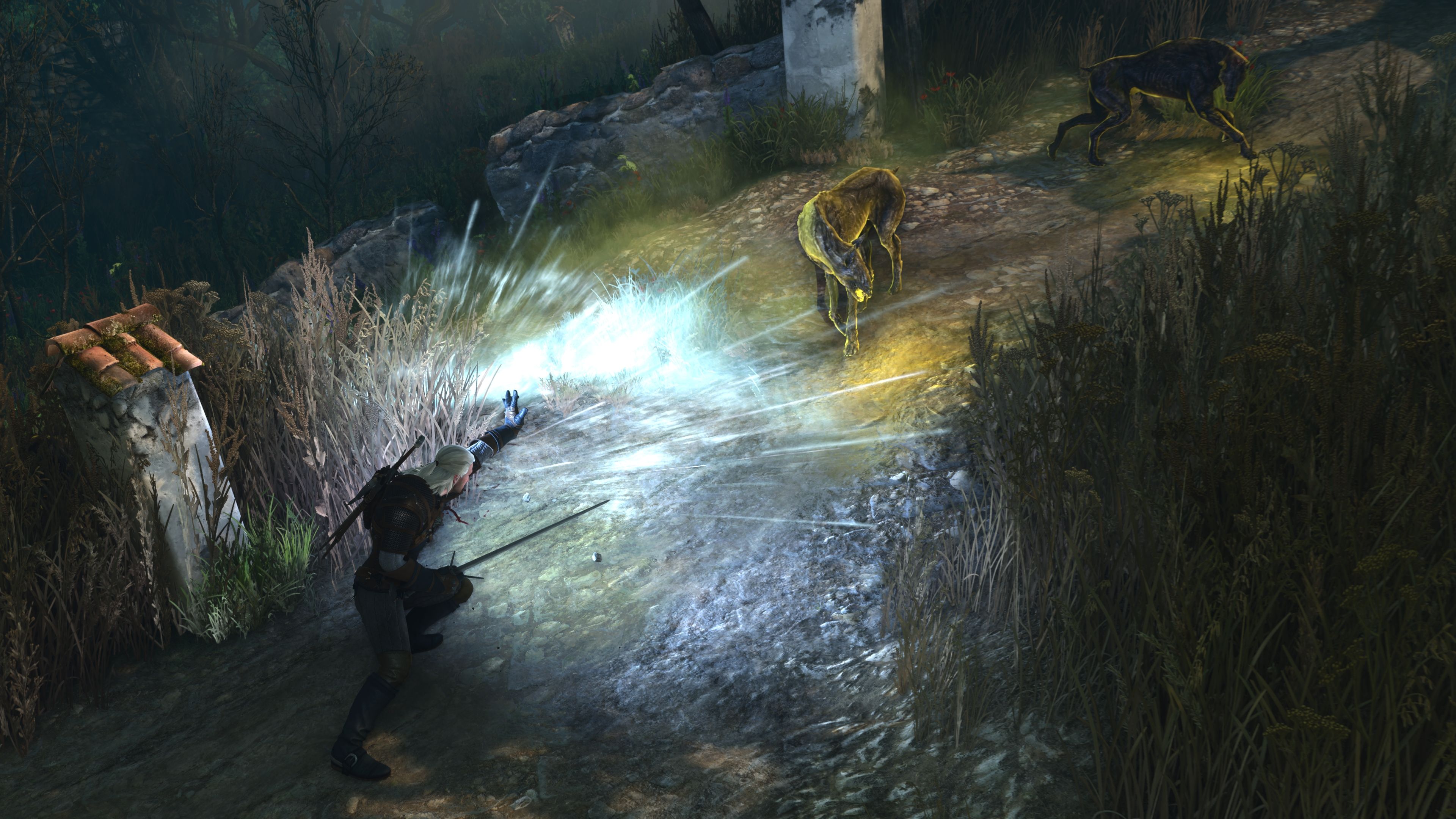 Geralt attacking monsters in The Witcher 3 Wild Hunt Remastered