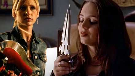 A combined image of Buffy with her scythe and Faith with her hunting knife in Buffy the Vampire Slayer