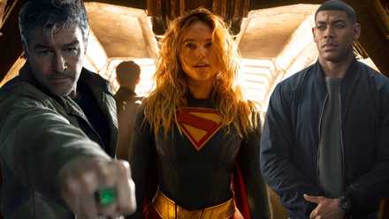 A combined image of Hal Jordan, Supergirl, and John Stewart in Lanterns and Supergirl