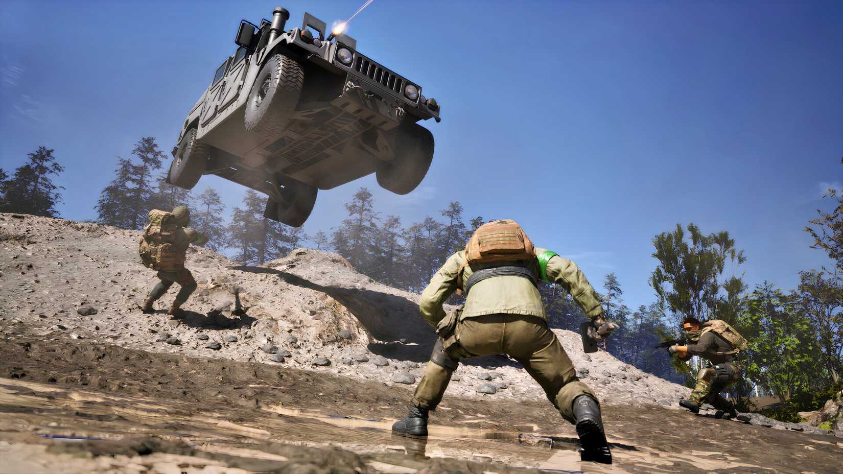 wardgos promotional image showing a group of soldiers dodging a car.