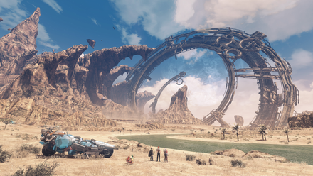 A desert landscape with the party members of Xenoblade Chronicles X Definitive Edition