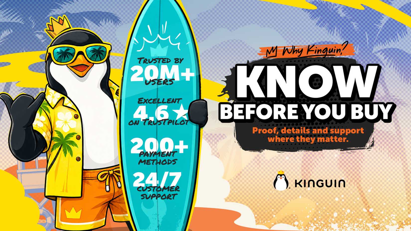 Kinguin's trust statistics on a surfboard held by it's mascot