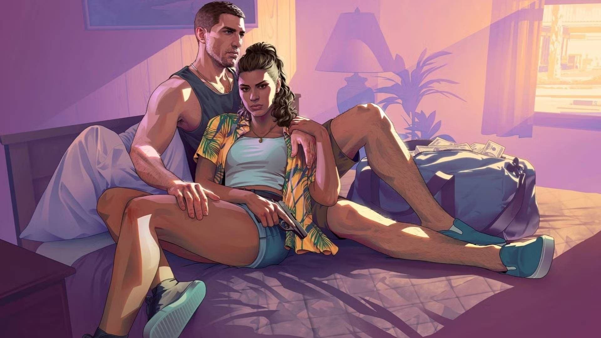 grand theft auto 6 jason and lucia posing on a bed