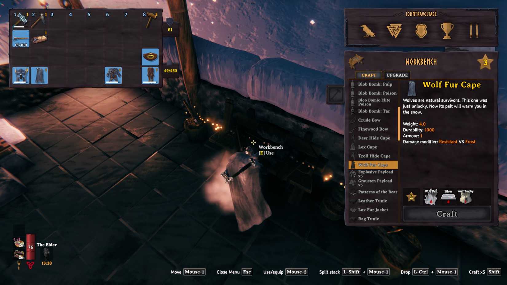 Valheim Wolf Fur Cape crafting recipe