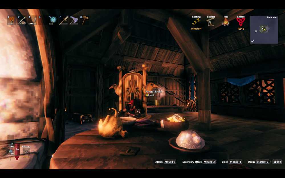 Personagem descansando em um trono de Valheim