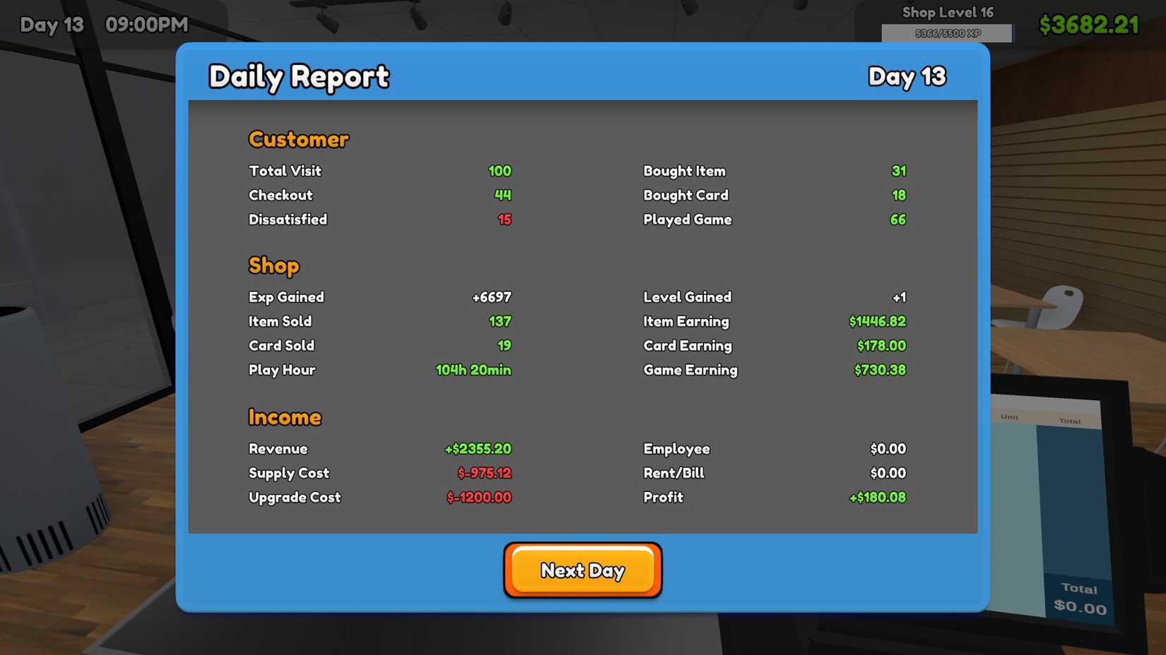 TCG Card Shop Simulator end of day screen