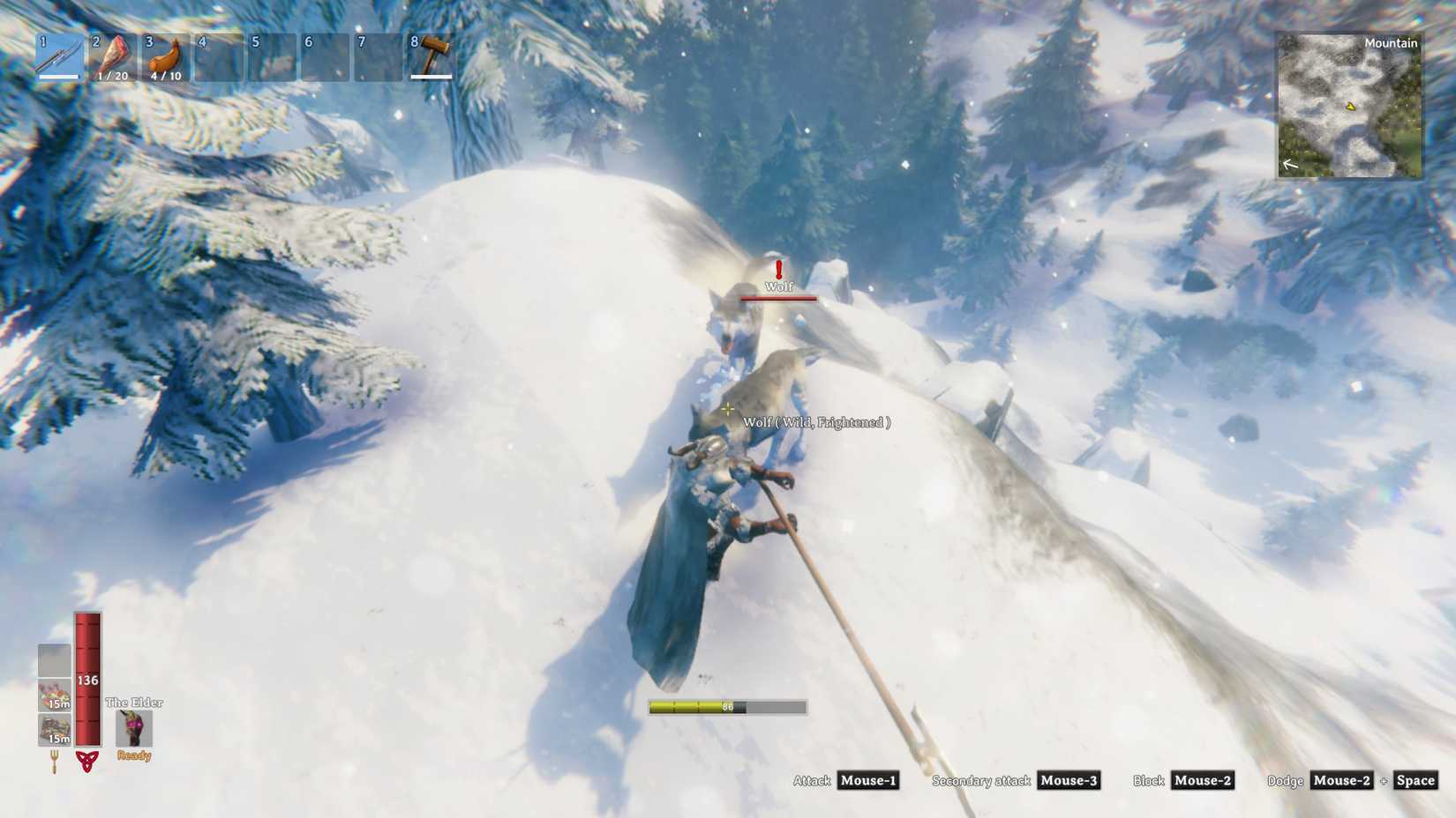 Valheim fighting wolves on a mountain