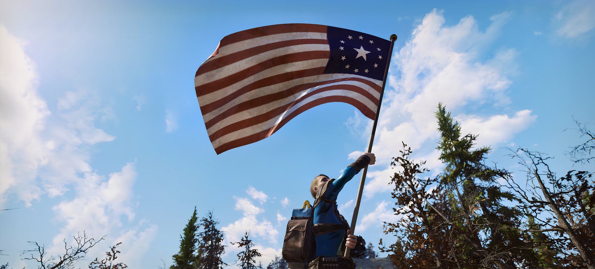 Fallout 76 Man waving America flag against clear blue sky