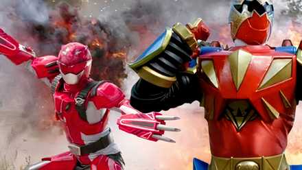 A combined image of the Red Fury Mode Battlizer and the Triassic Battlizer in Power Rangers