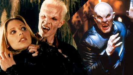 A split image of vampire Spike attacking Buffy Summers and The Master in Buffy the Vampire Slayer
