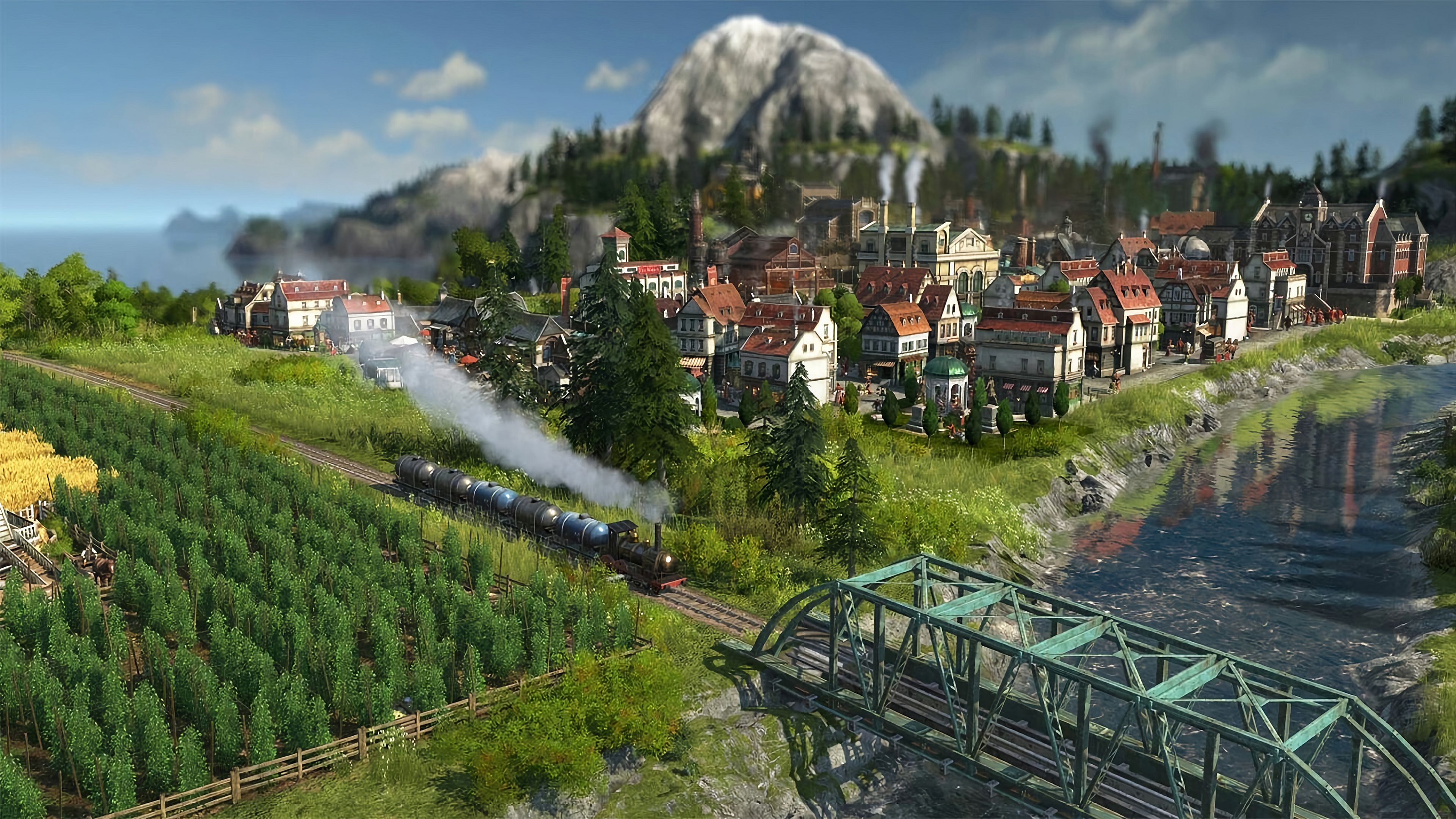 A train moving through the countryside in Anno 1800