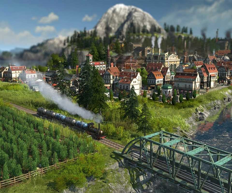 A train moving through the countryside in Anno 1800
