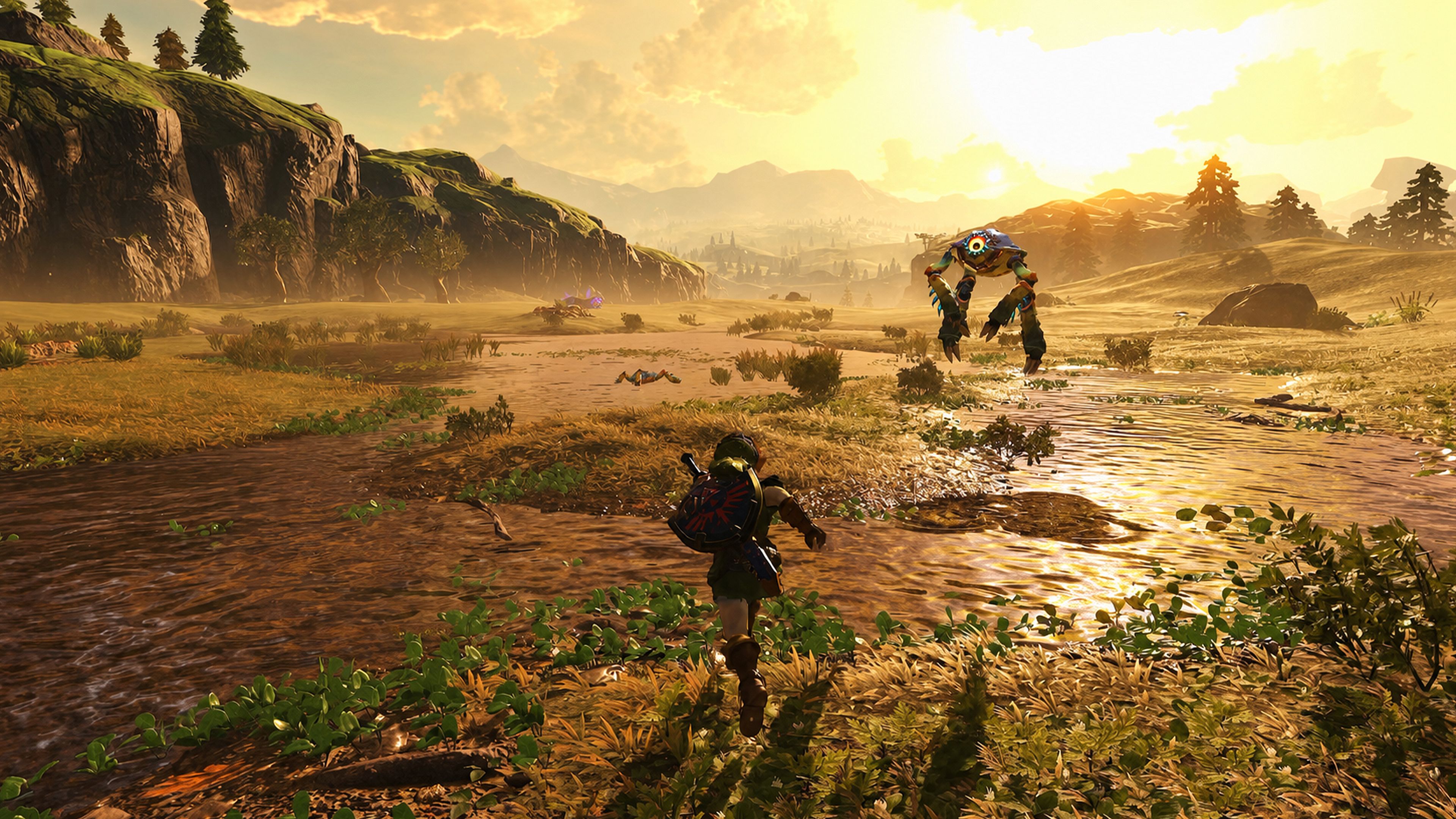 Adult Link running through Hyrule Field at twilight in the Ocarina of Time remake on Switch 2