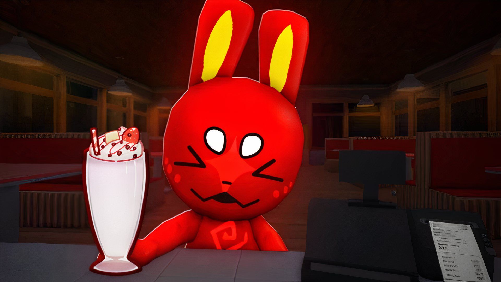 Anomaly Cafe roblox new game a red bunny ordering a mikshake