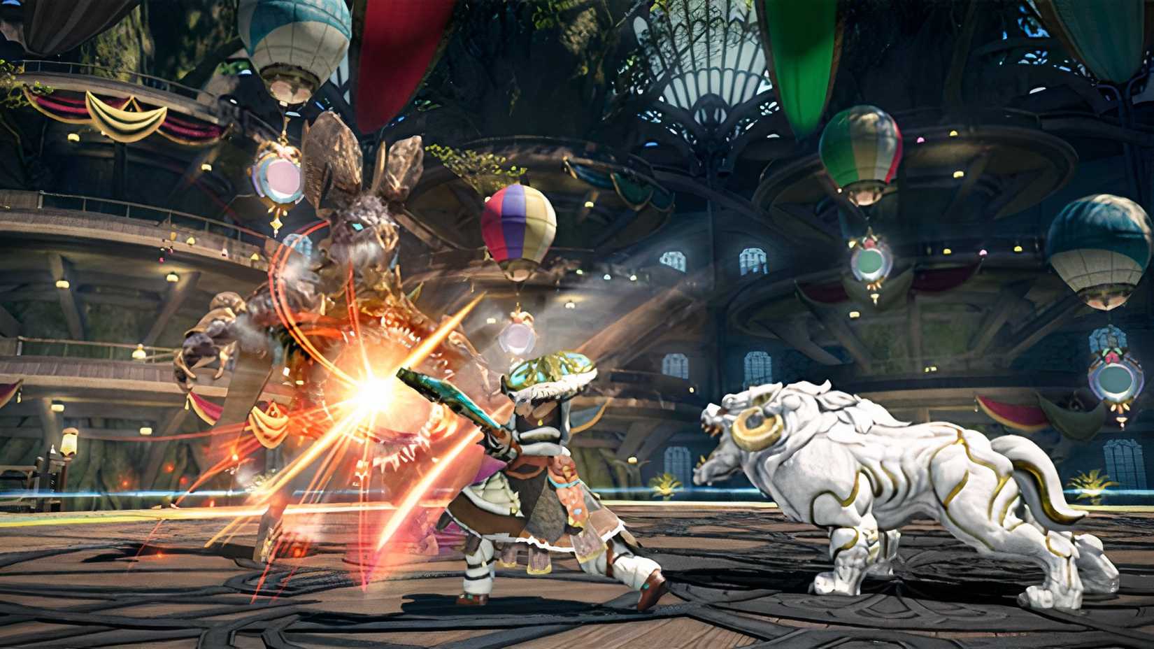 Beastmaster combat in arena with hot air balloon