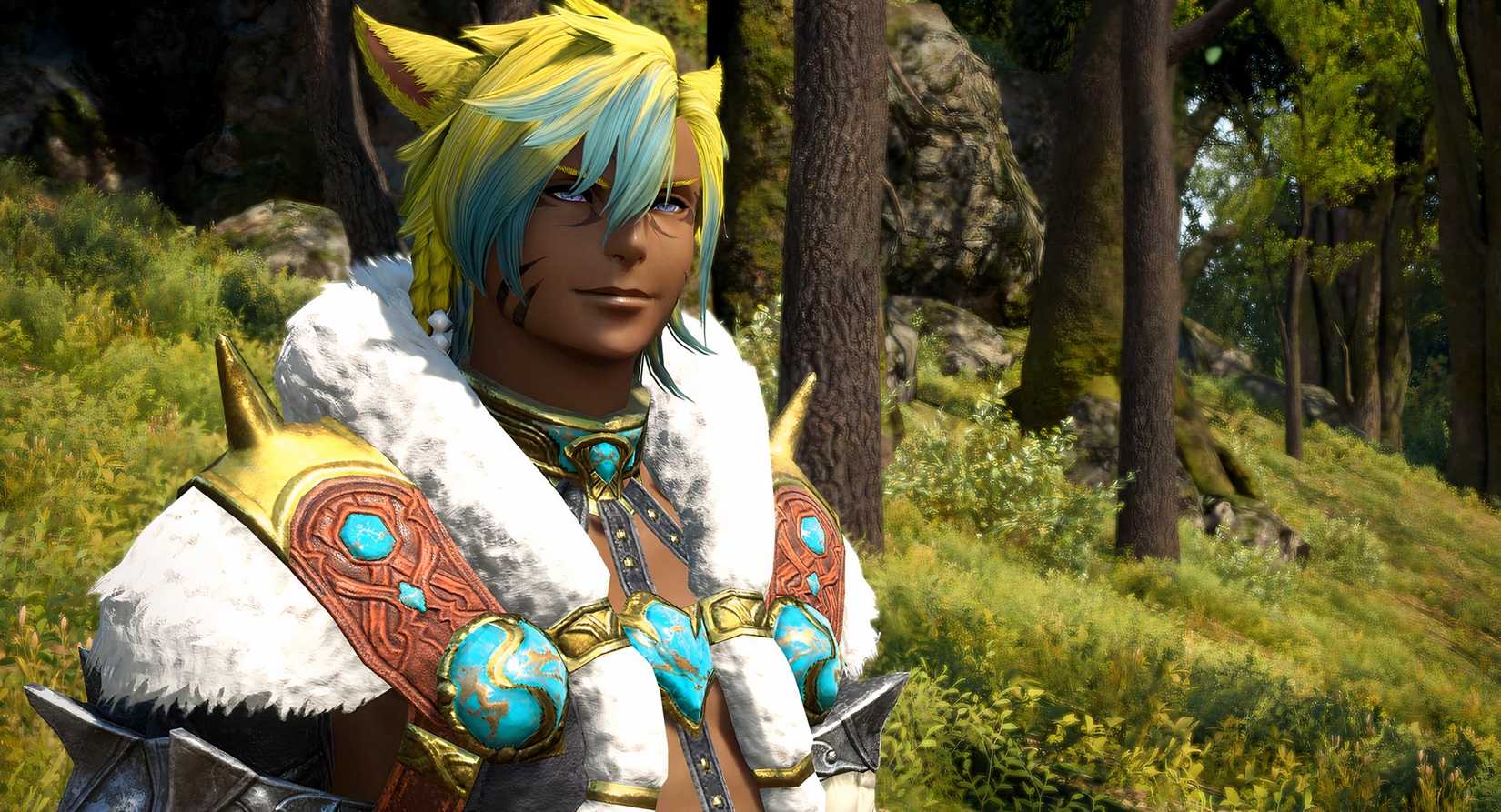 Final Fantasy 14 character up close in a woodlands