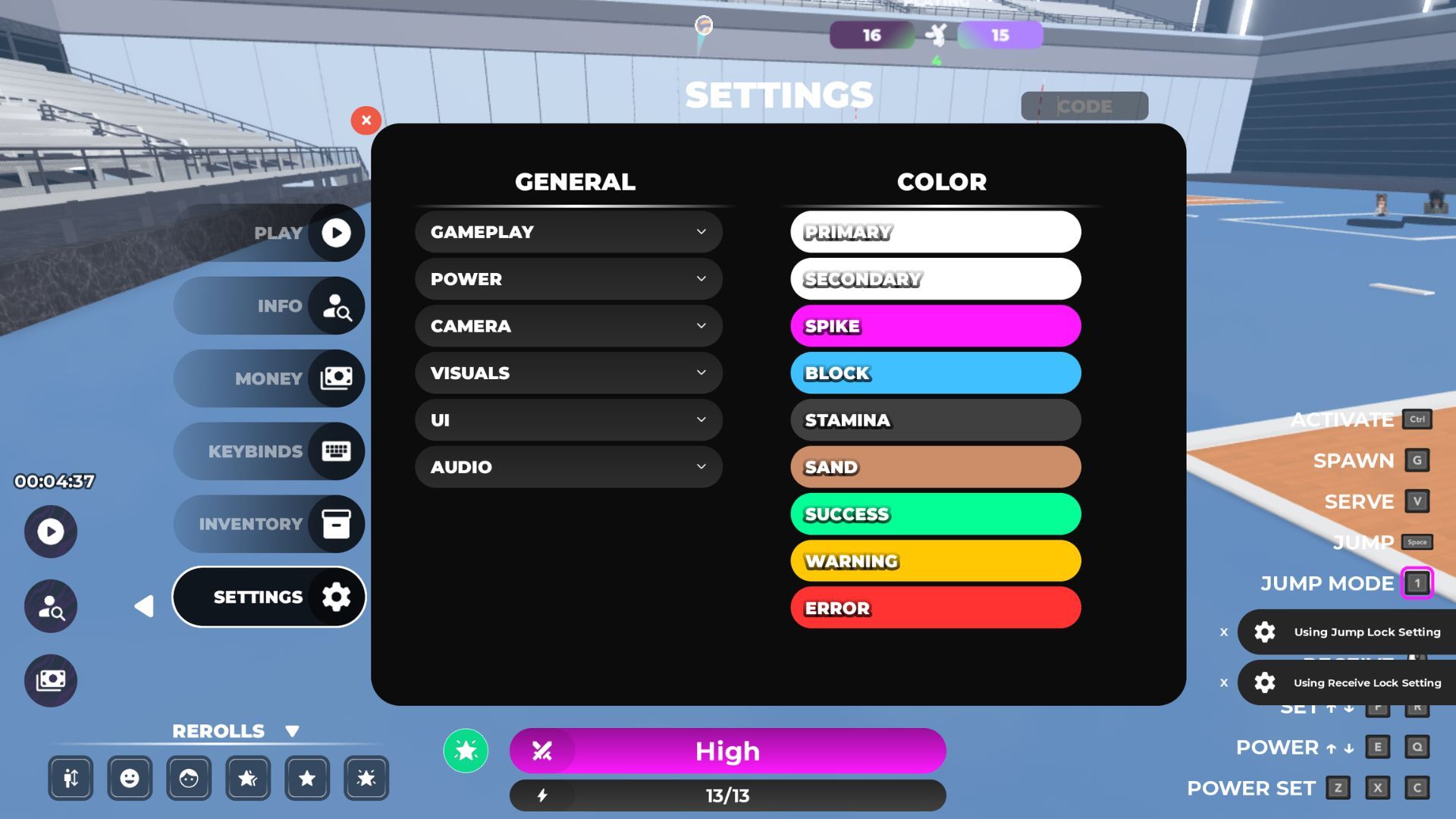 Beyond Volleyball League the codes tab