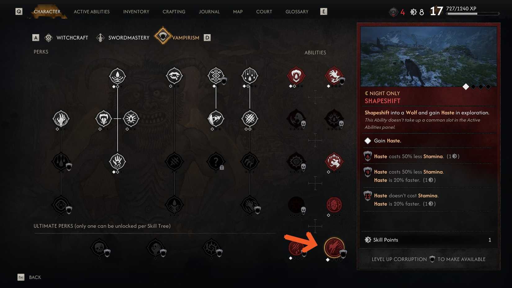 Blood of Dawnwalker Shapeshift skill unlock