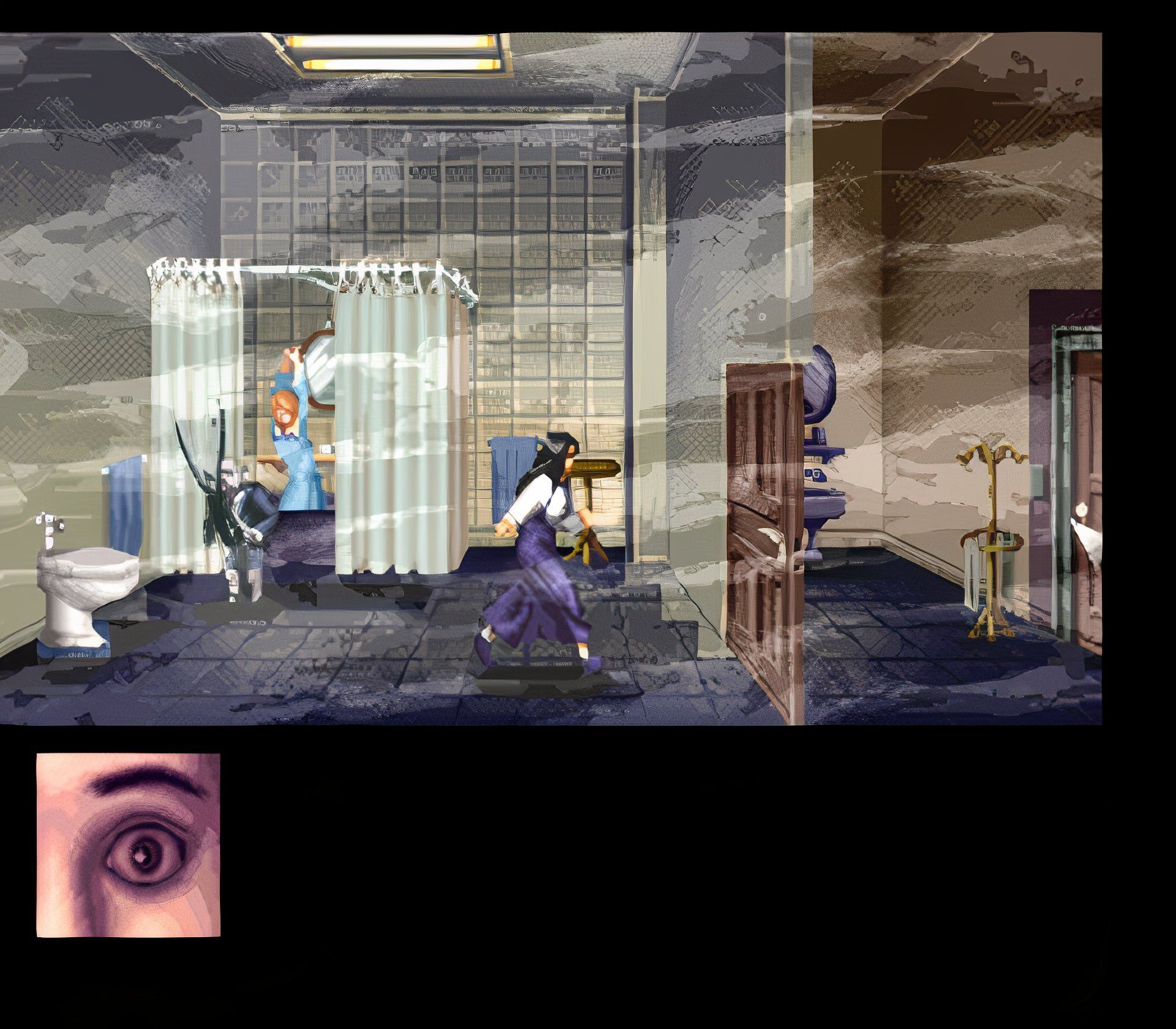 clock tower environment in a smoggy bathroom