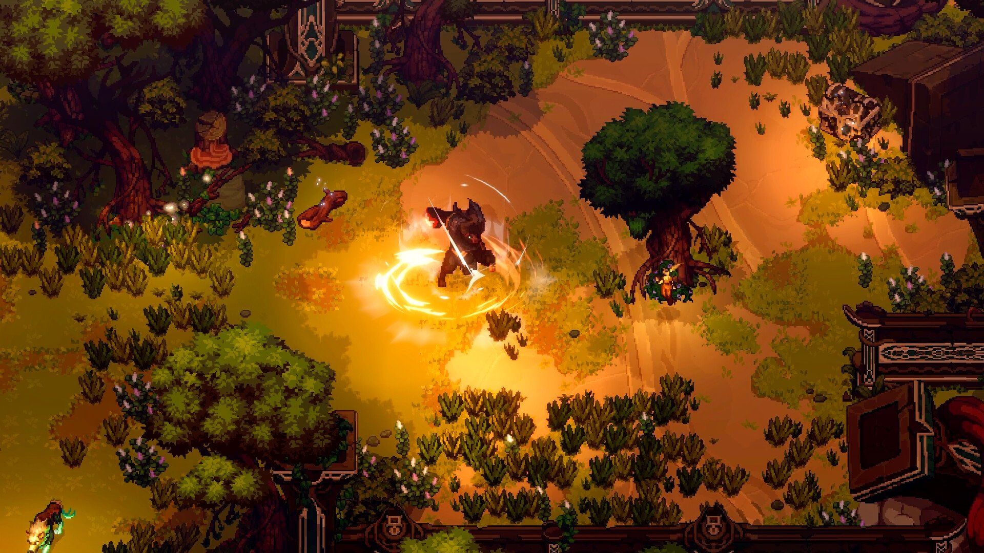 a character in dimraeth fighting enemies in the forest.