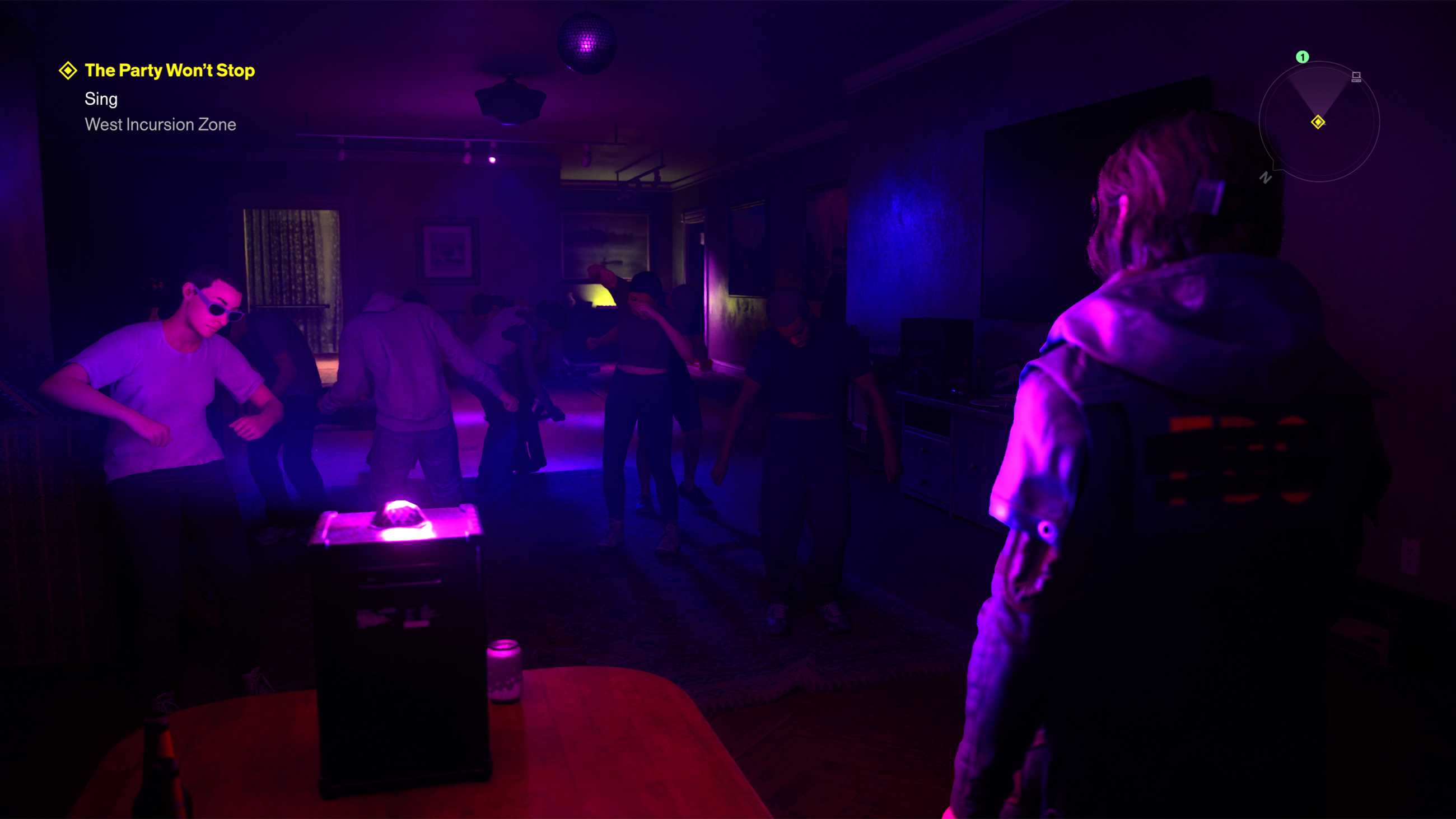 Dylan singing karaoke for a group of possessed dancers in Control Resonant