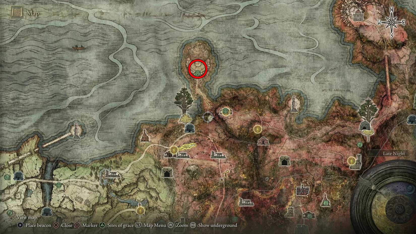 A map showing the Ritual Thrusting Shield location in Elden Ring Tarnished Pack.