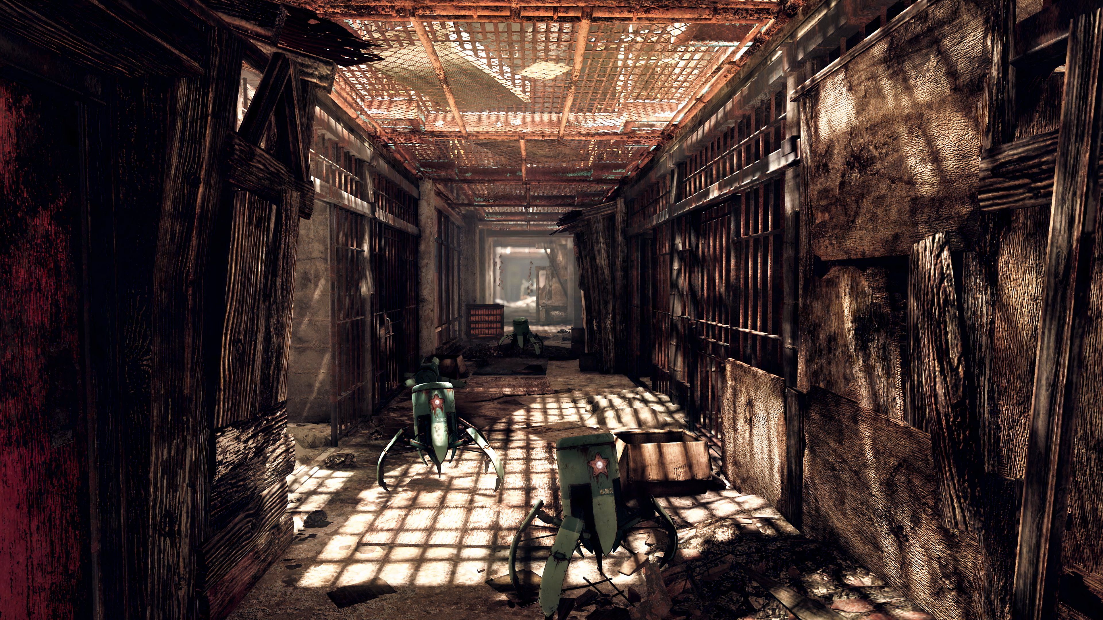 Cavern with droids and shadowy sunlight