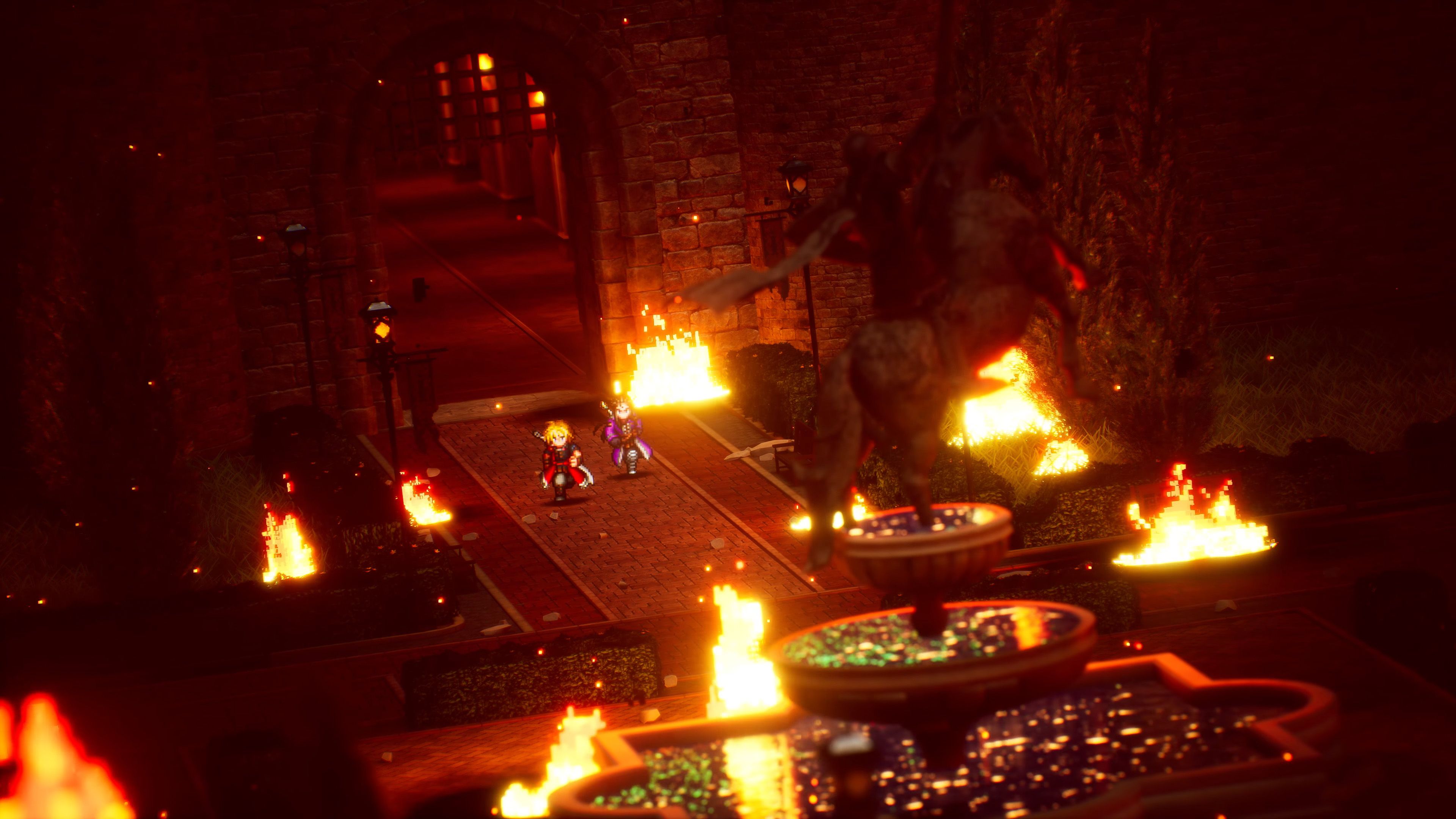 Rain and Lasswell walking through burning dungeon