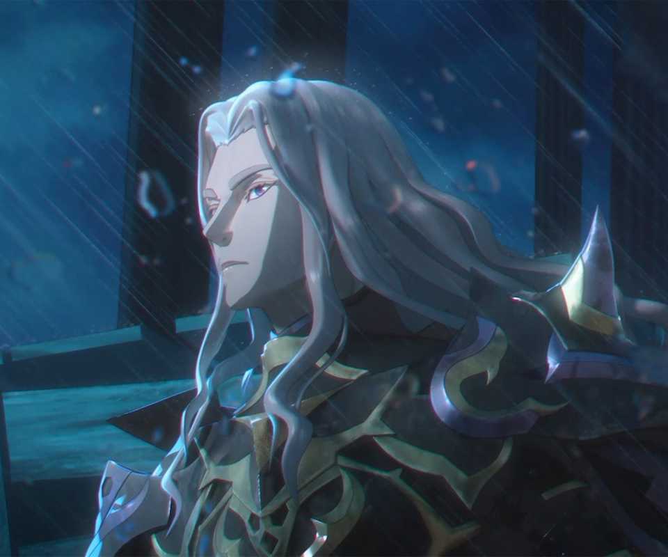 An image of Dietrich from Fire Emblem: Fortune's Weave standing sentinel in the middle of a rain storm.