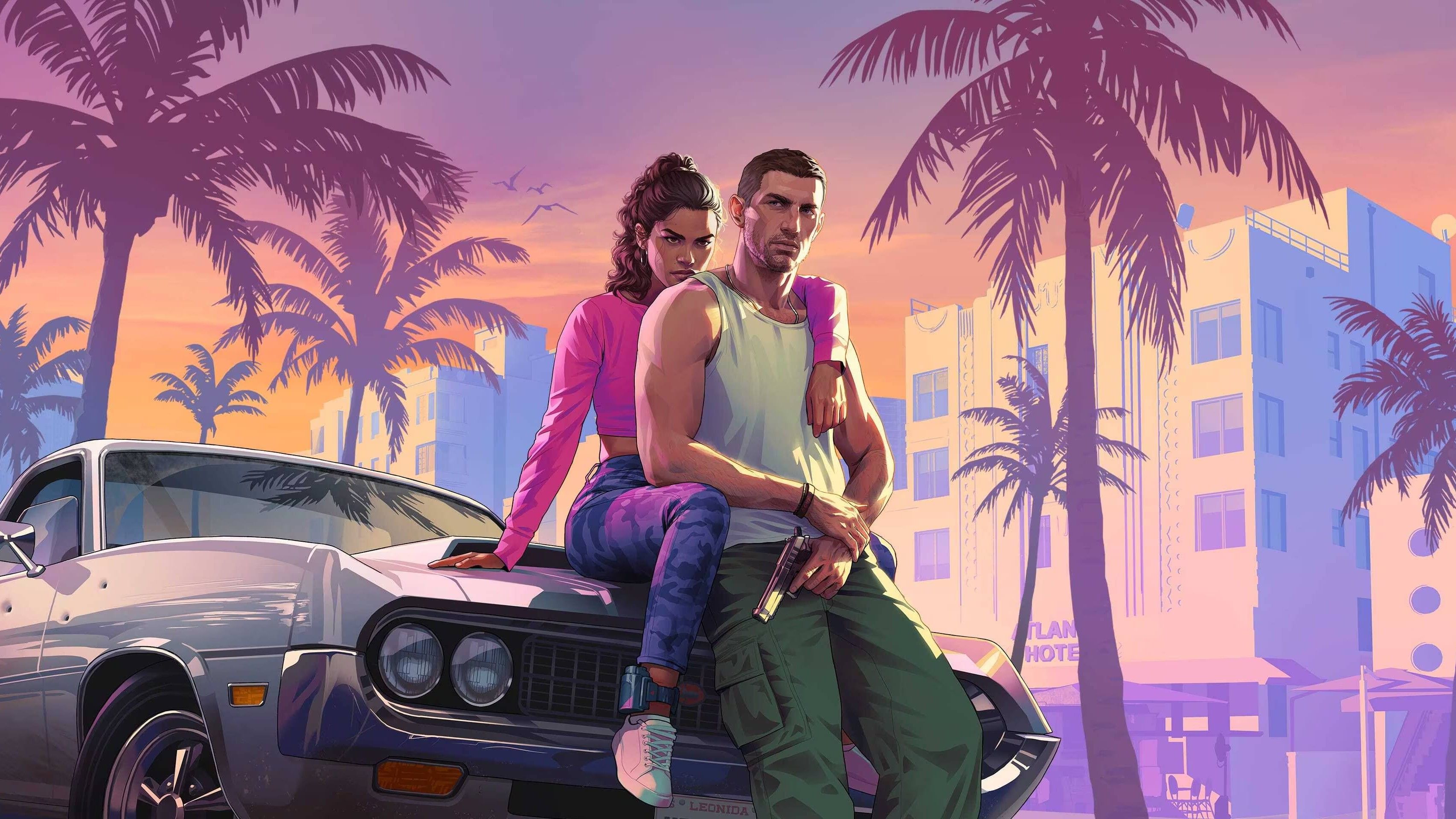 gta 6 jason and lucia sitting on a car surrounded by palm trees