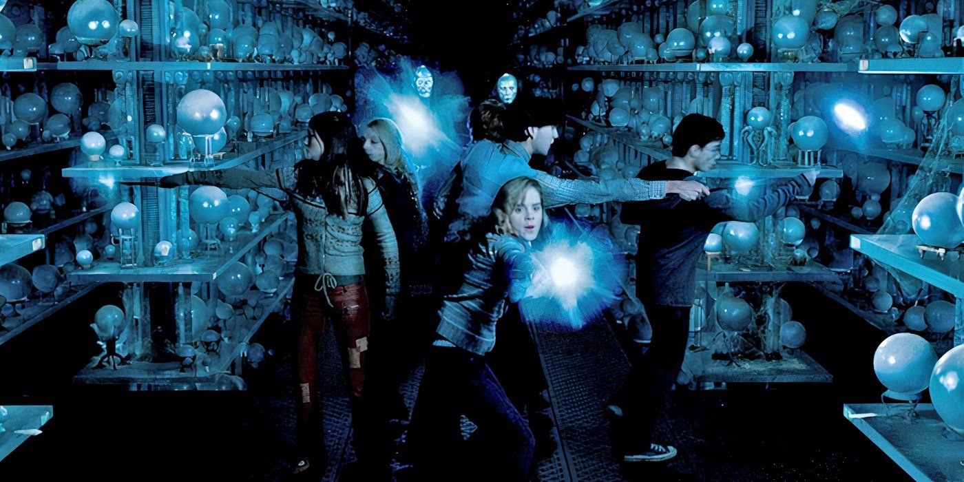 Harry Potter, Hermione, Neville, and others during the Battle of the Department of Mysteries