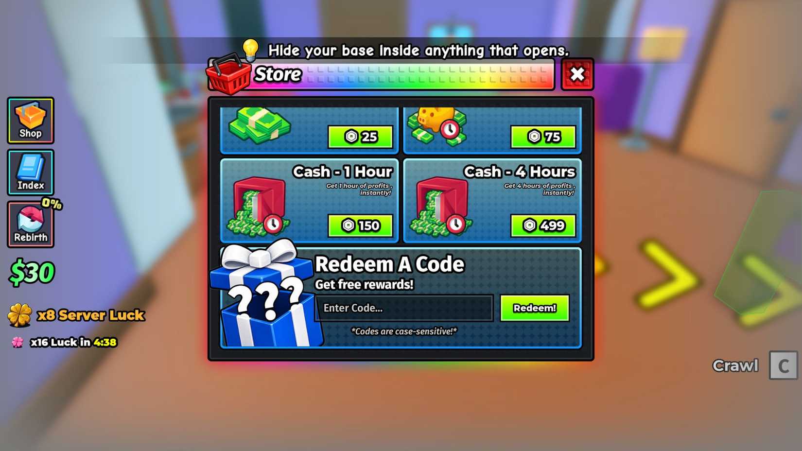 Hide ur Base and Steal the codes tab