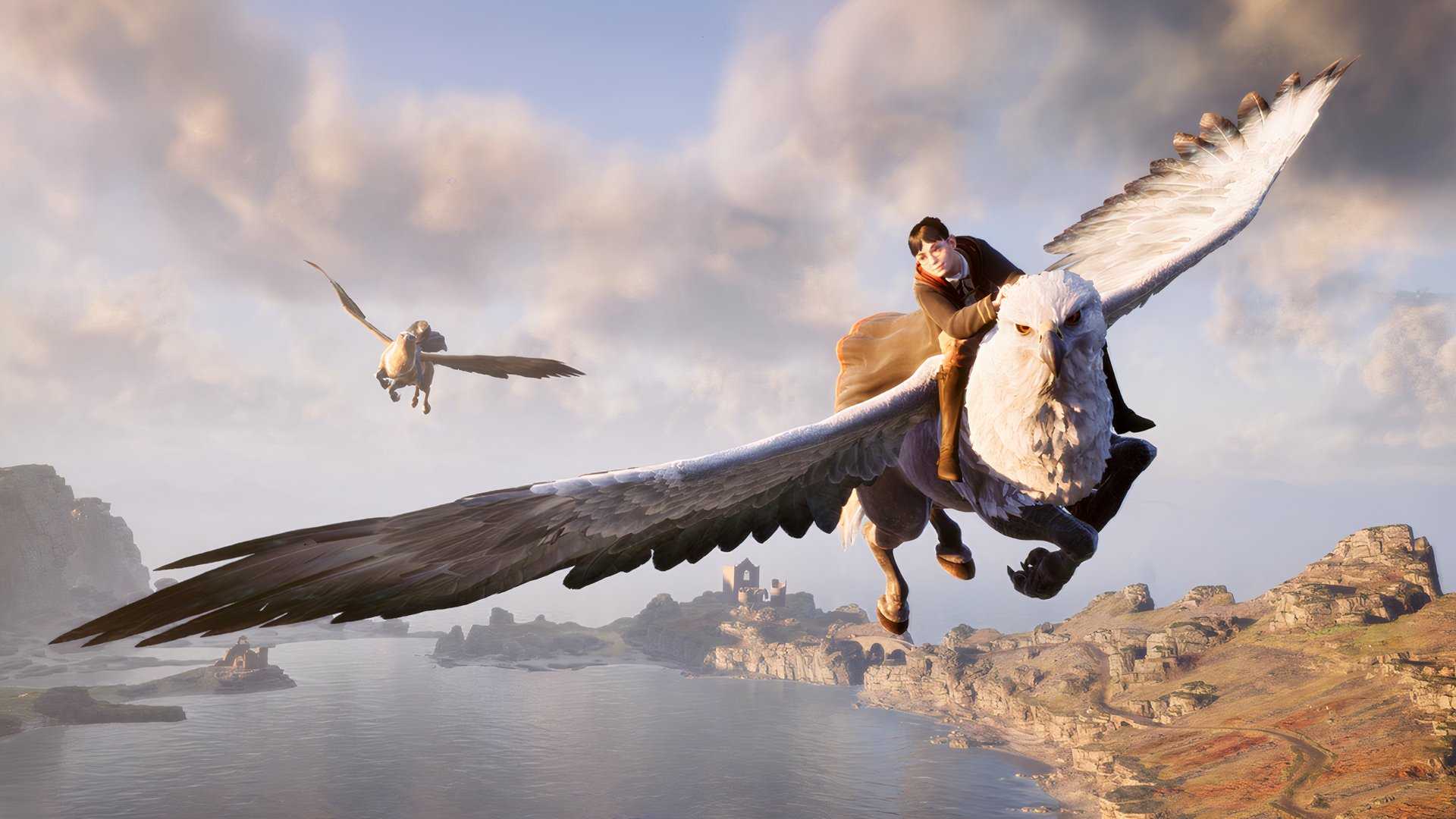hogwarts legacy player riding a hippogriff.