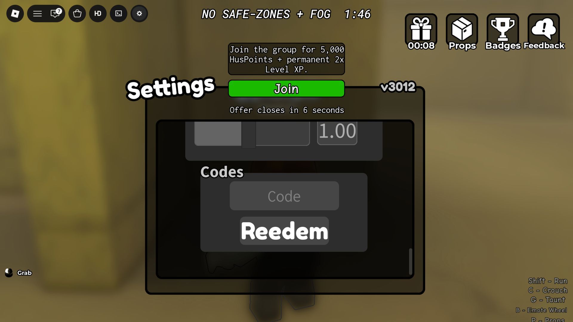 Huss Rooms the codes tab