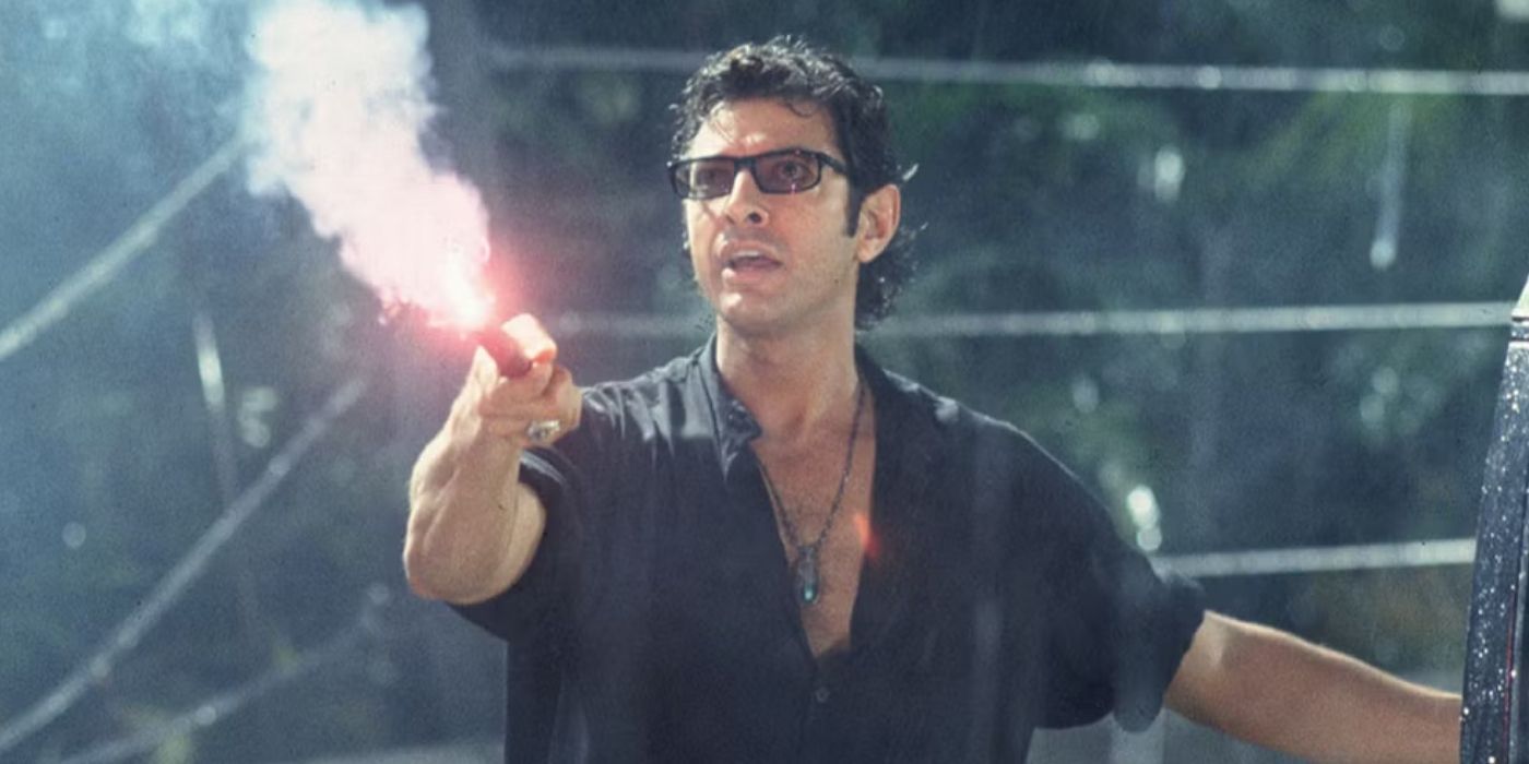 Ian Malcolm holding a flare in Jurassic Park